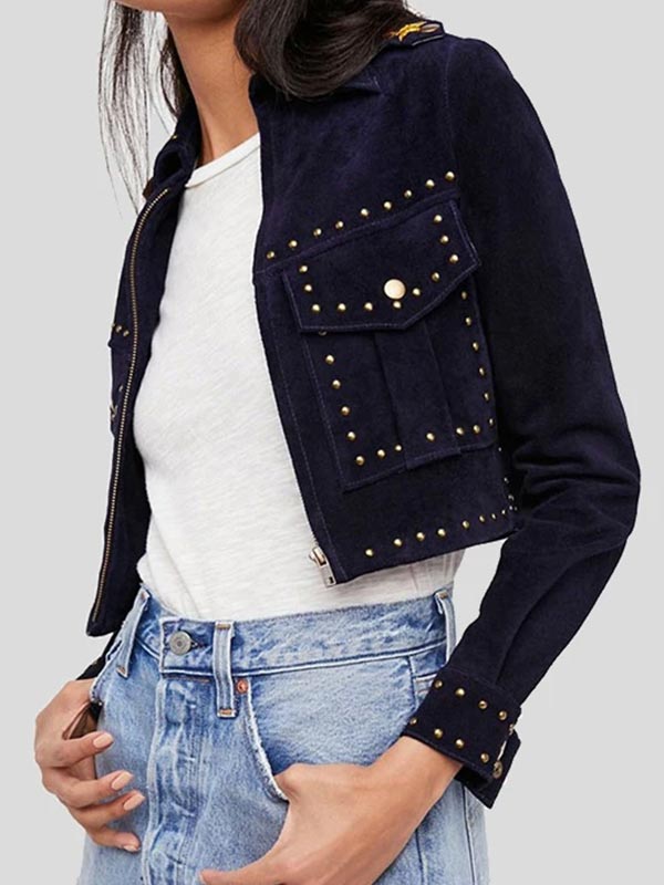 Women's Cropped Suede Leather Jacket with Studs
