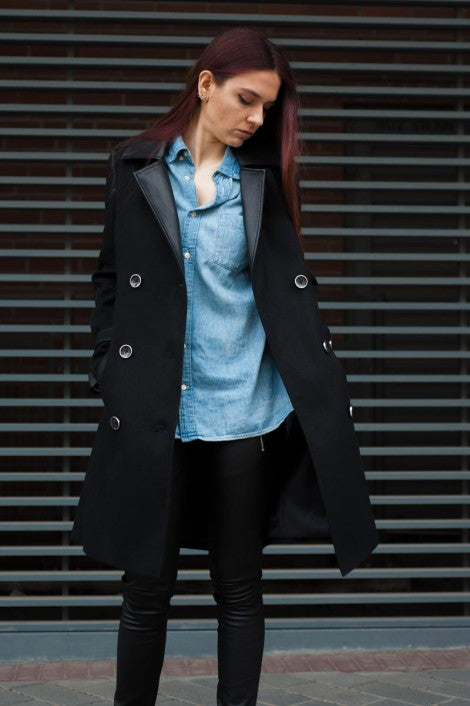 Women's Long Wool & Leather Coat
