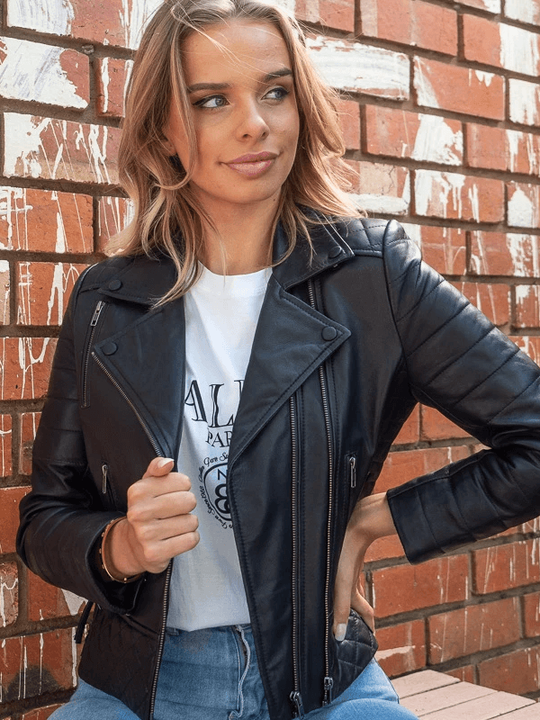 Womens Biker Quilted Genuine Leather Jacket