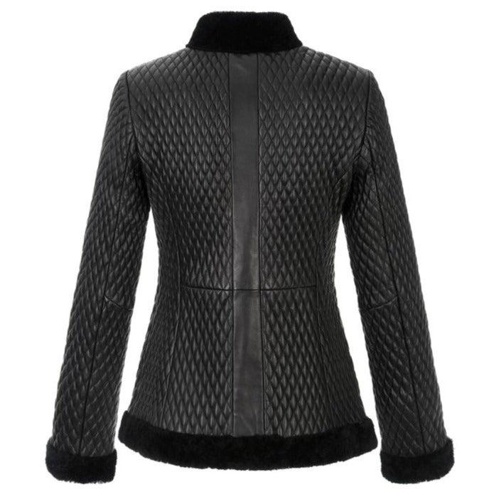 Women's Quilted Black Fur Leather Jacket