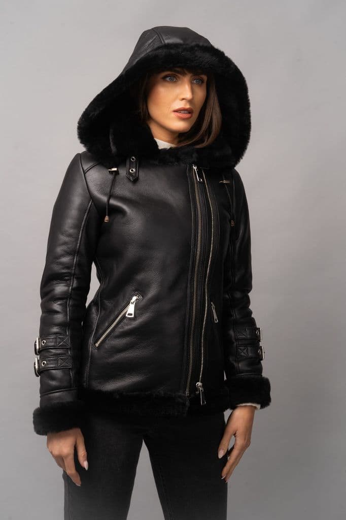 Womens Black Hooded Shearling Biker Leather Jacket