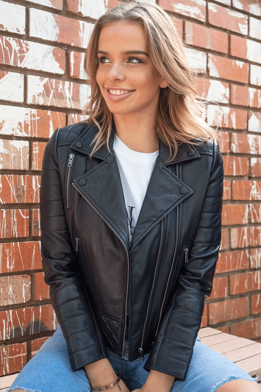 Womens Biker Quilted Genuine Leather Jacket