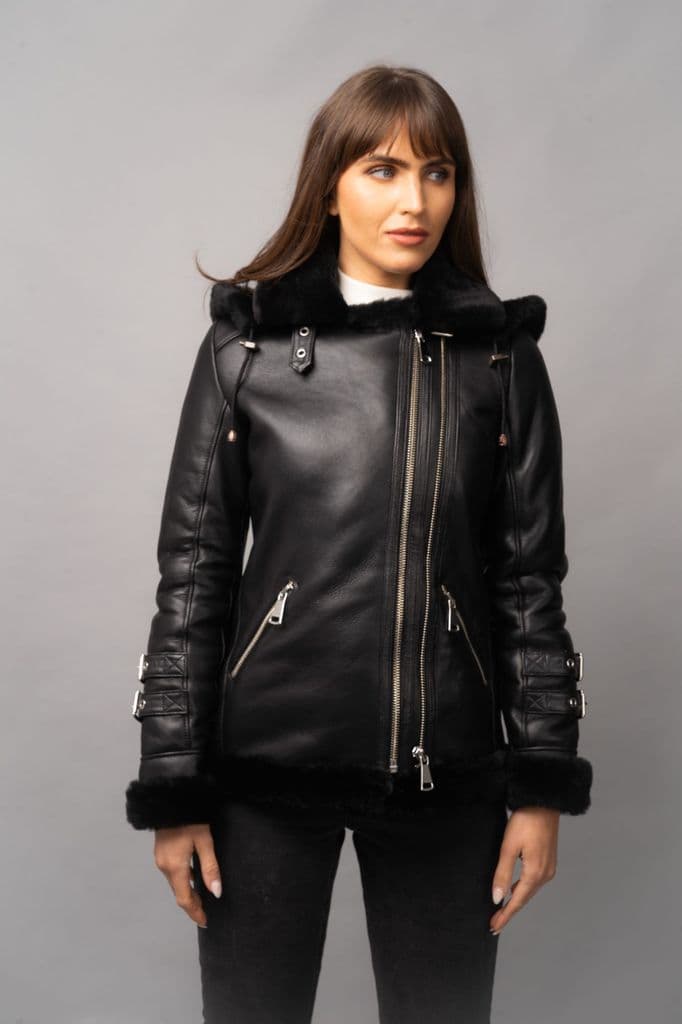 Womens Black Hooded Shearling Biker Leather Jacket