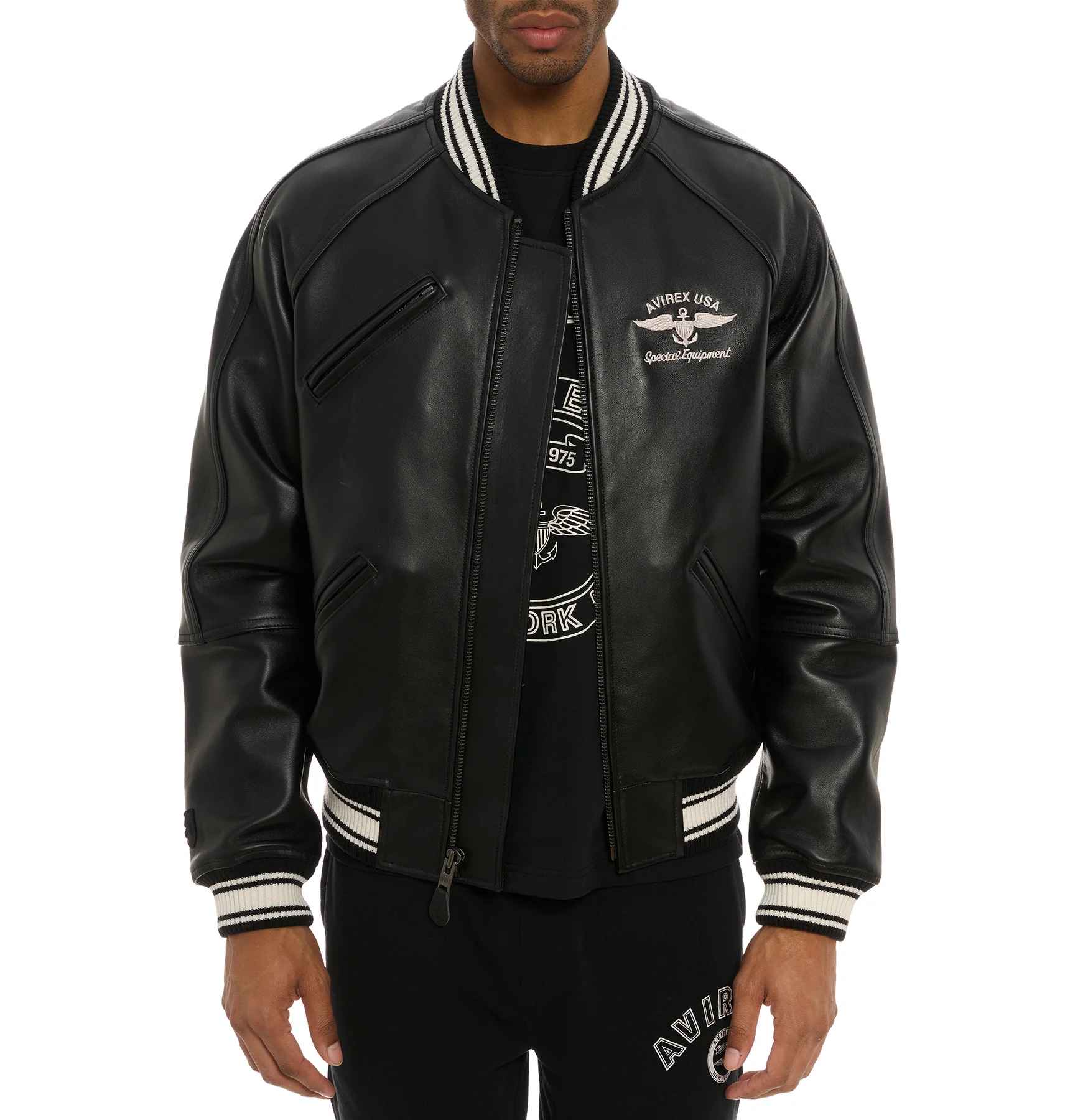 Avirex Varsity Leather Jacket with Embroidered Detailing