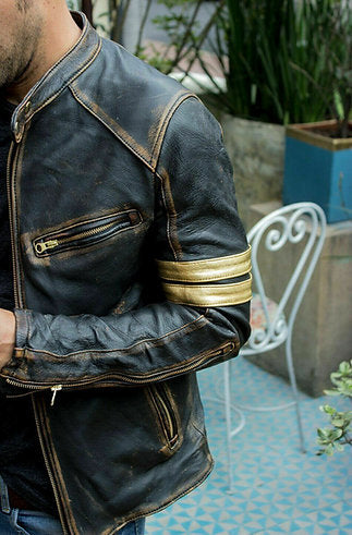 Men's Vintage Black Biker Leather Jacket Handcrafted, Distressed Cafe Racer Moto Style