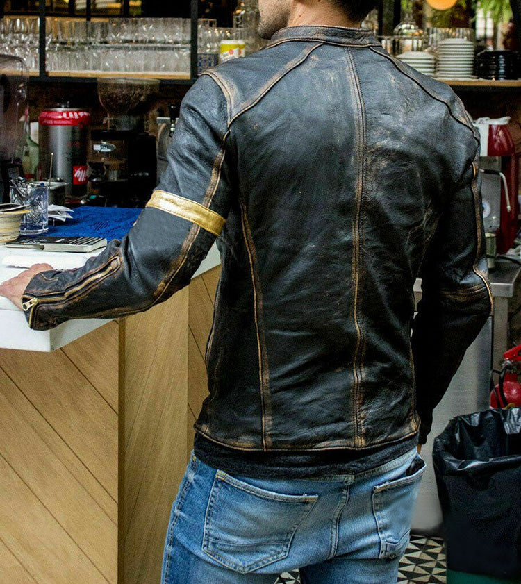 Men's Vintage Black Biker Leather Jacket Handcrafted, Distressed Cafe Racer Moto Style