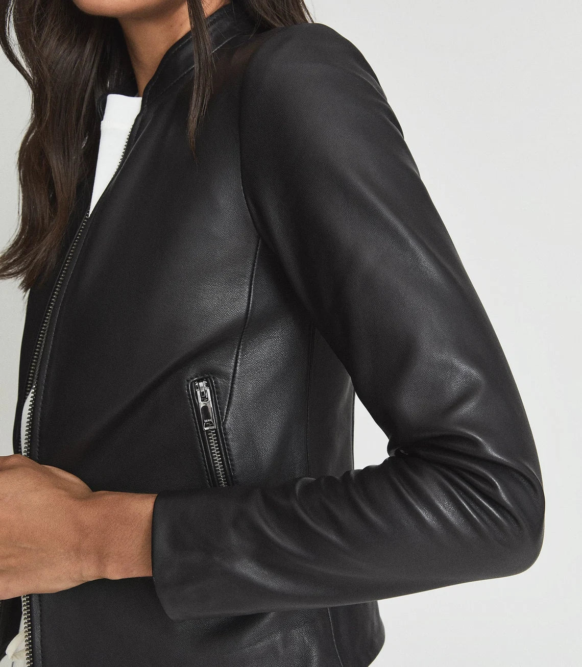 Women's black Leather Jacket with gunmetal zipper
