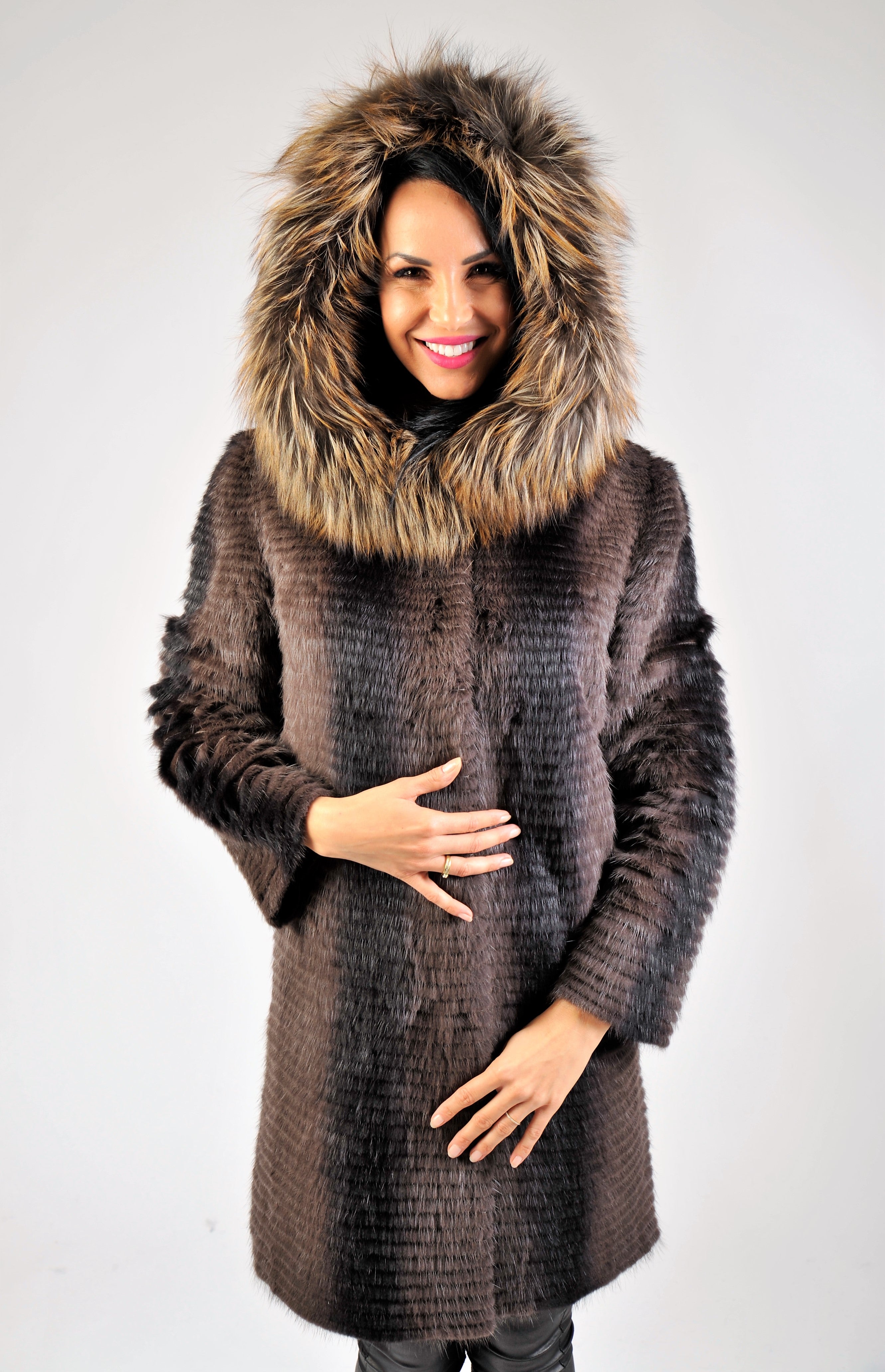 Hooded Fur Pullover Women Coat in Brown