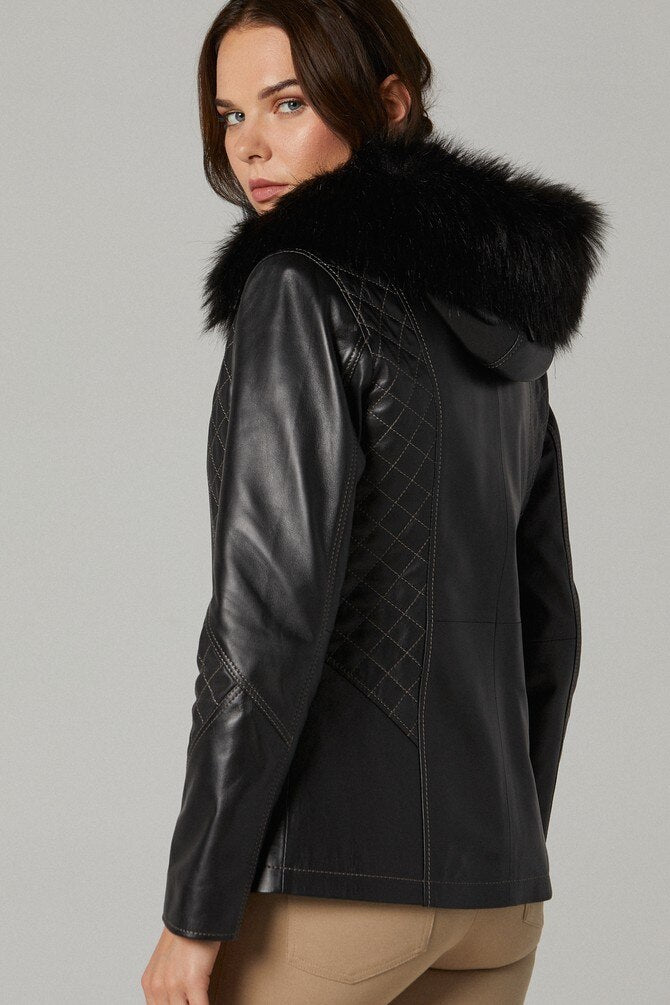 Womens Premium Quality Fur Hoodie Sheepskin Leather Jacket