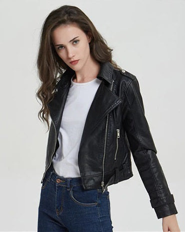 Women Short Slim Zipper Biker Leather Jacket