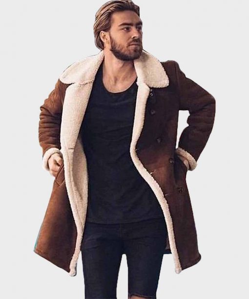 Men's Fur Collar Shearling Double-Breasted Leather Coat