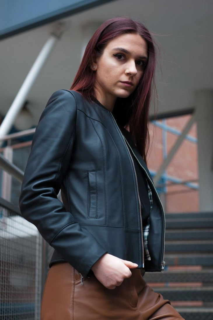 Womens Casual Bomber Black Leather Jacket