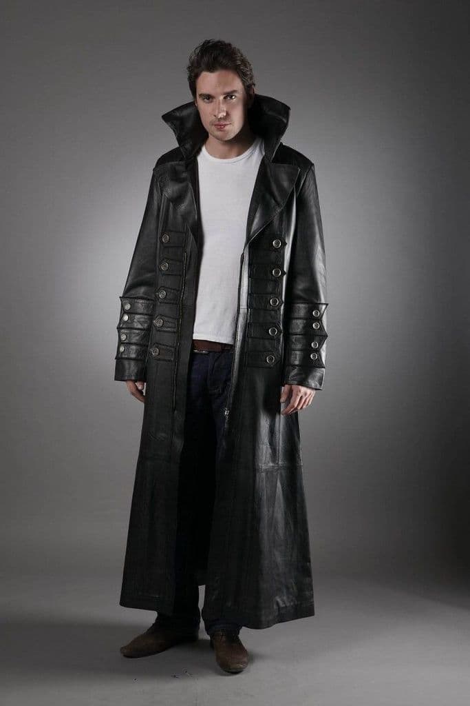 Men's Military Black Leather Trench Coat
