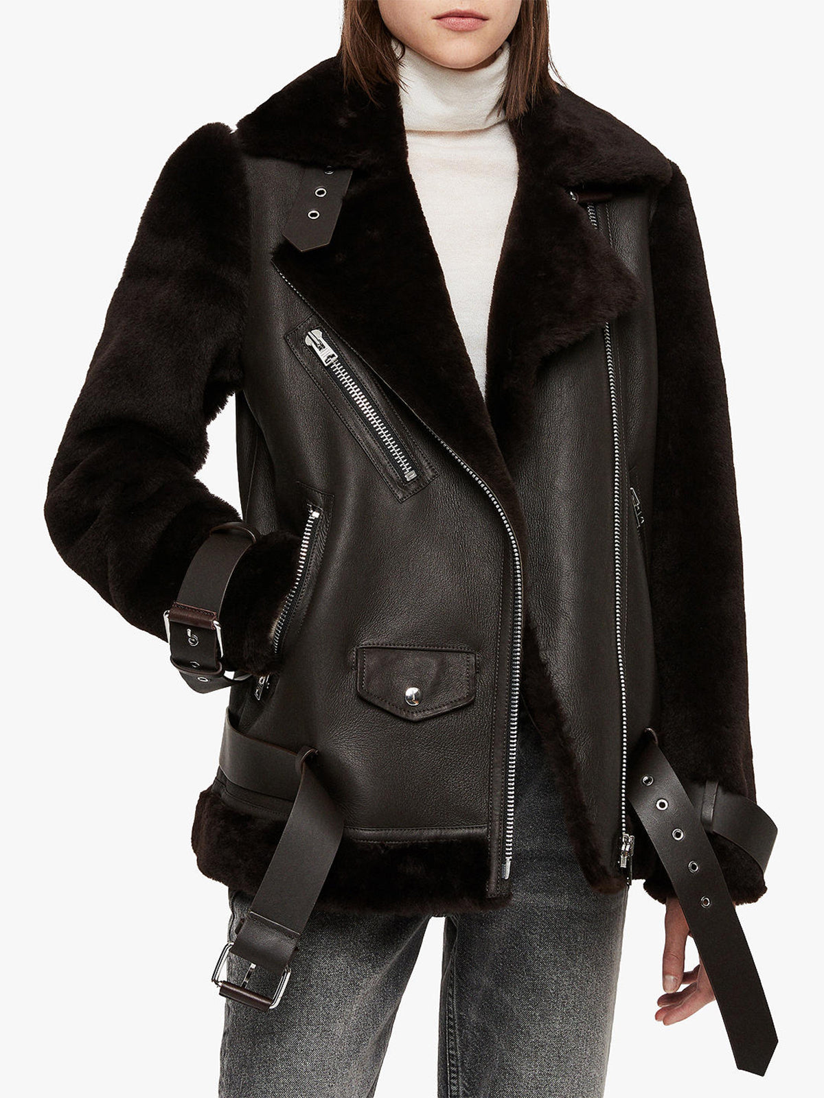 Womens Belted Shearling Long Leather Jacket