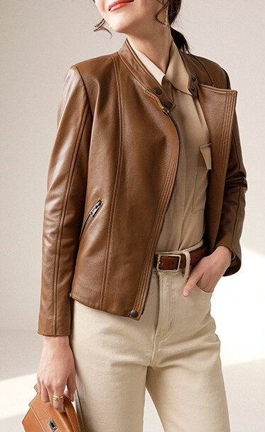 Casual Style Brown Leather Jacket for Women