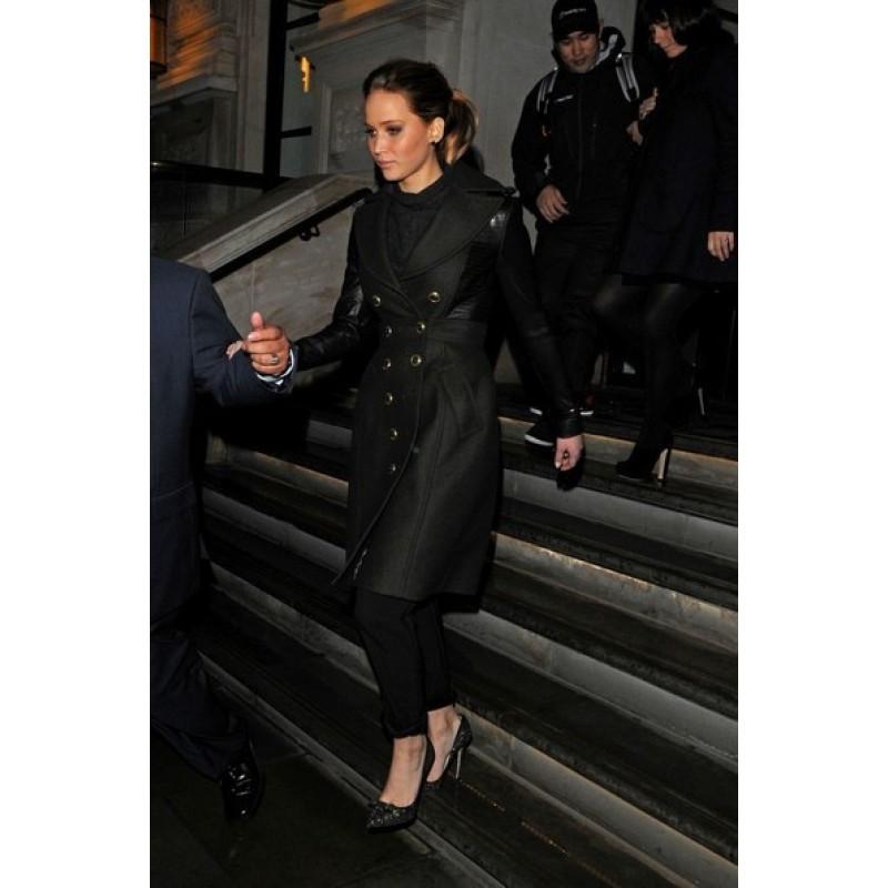 Jennifer Lawrence In Leather Sleeved Coat