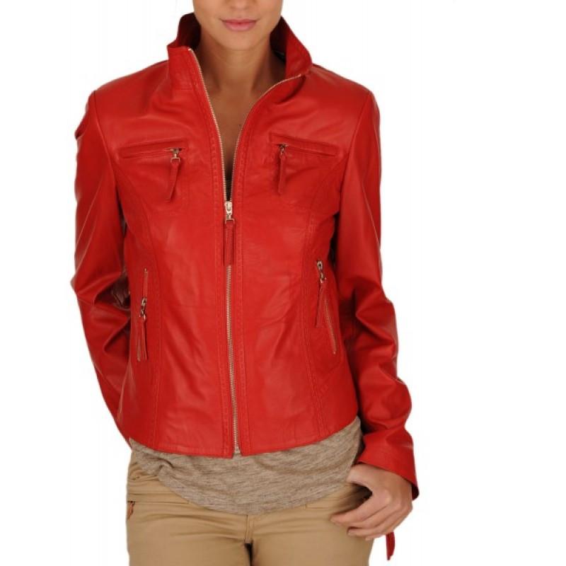 Motocycle Red Ladies Leather Jacket