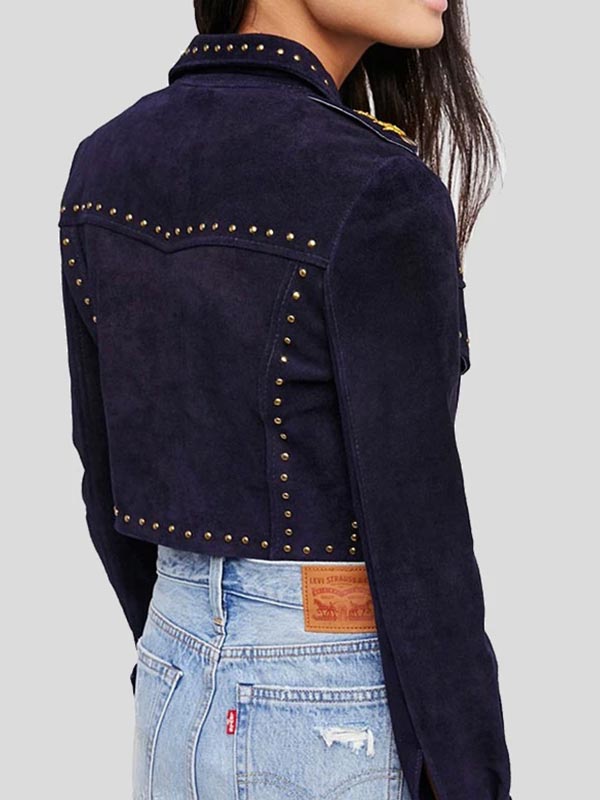 Women's Cropped Suede Leather Jacket with Studs
