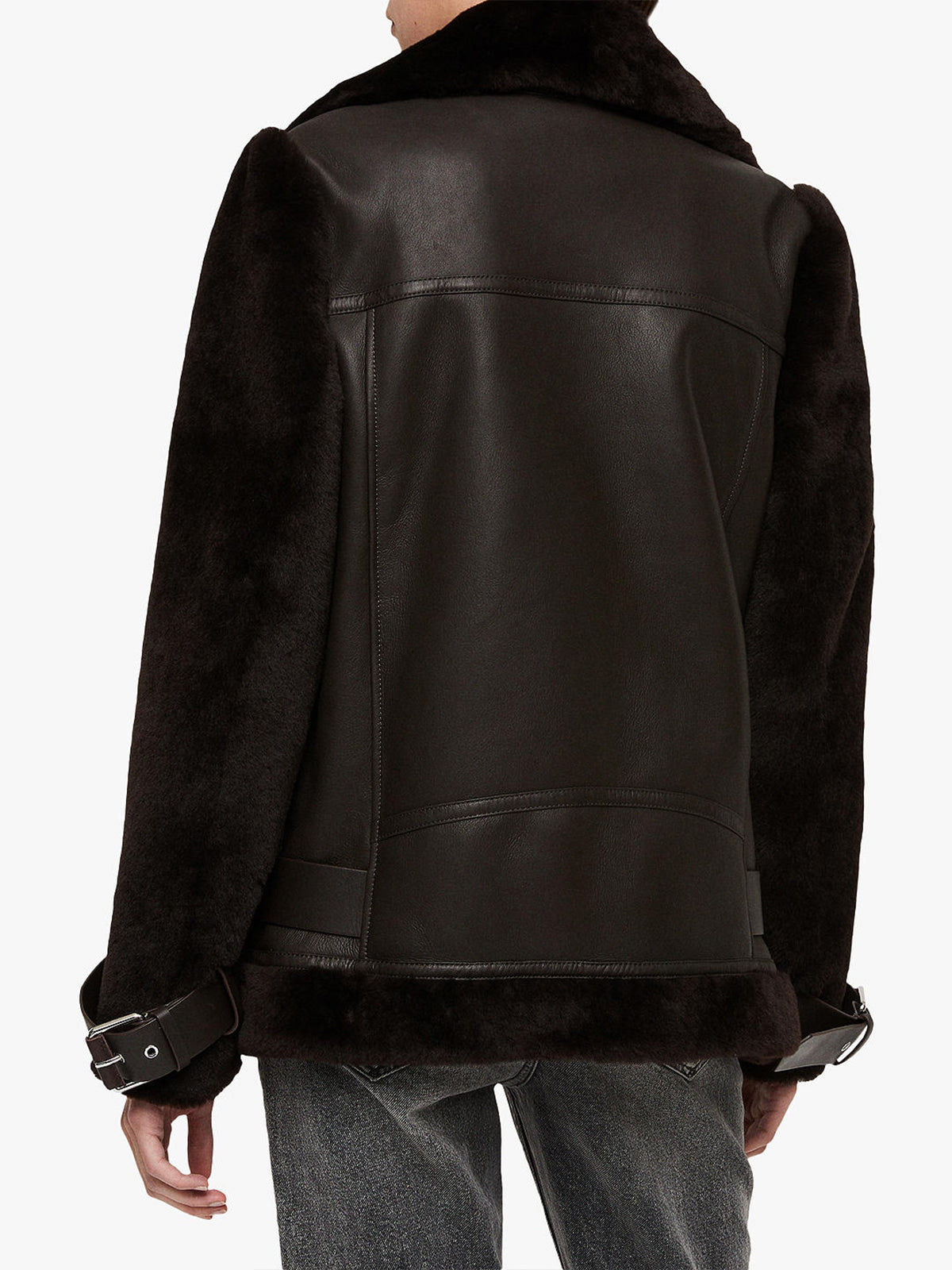 Womens Belted Shearling Long Leather Jacket