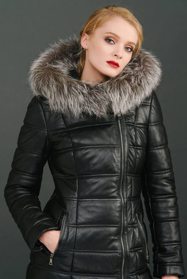 Women’s Winter Fur Hooded Leather Coat