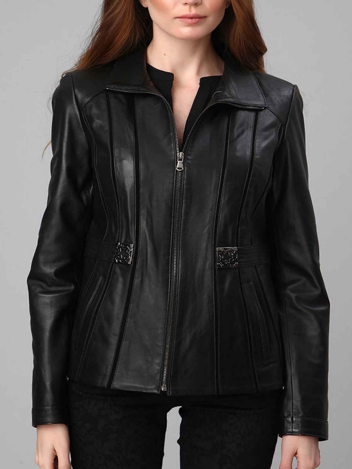Womens Stripes Black Leather Jacket