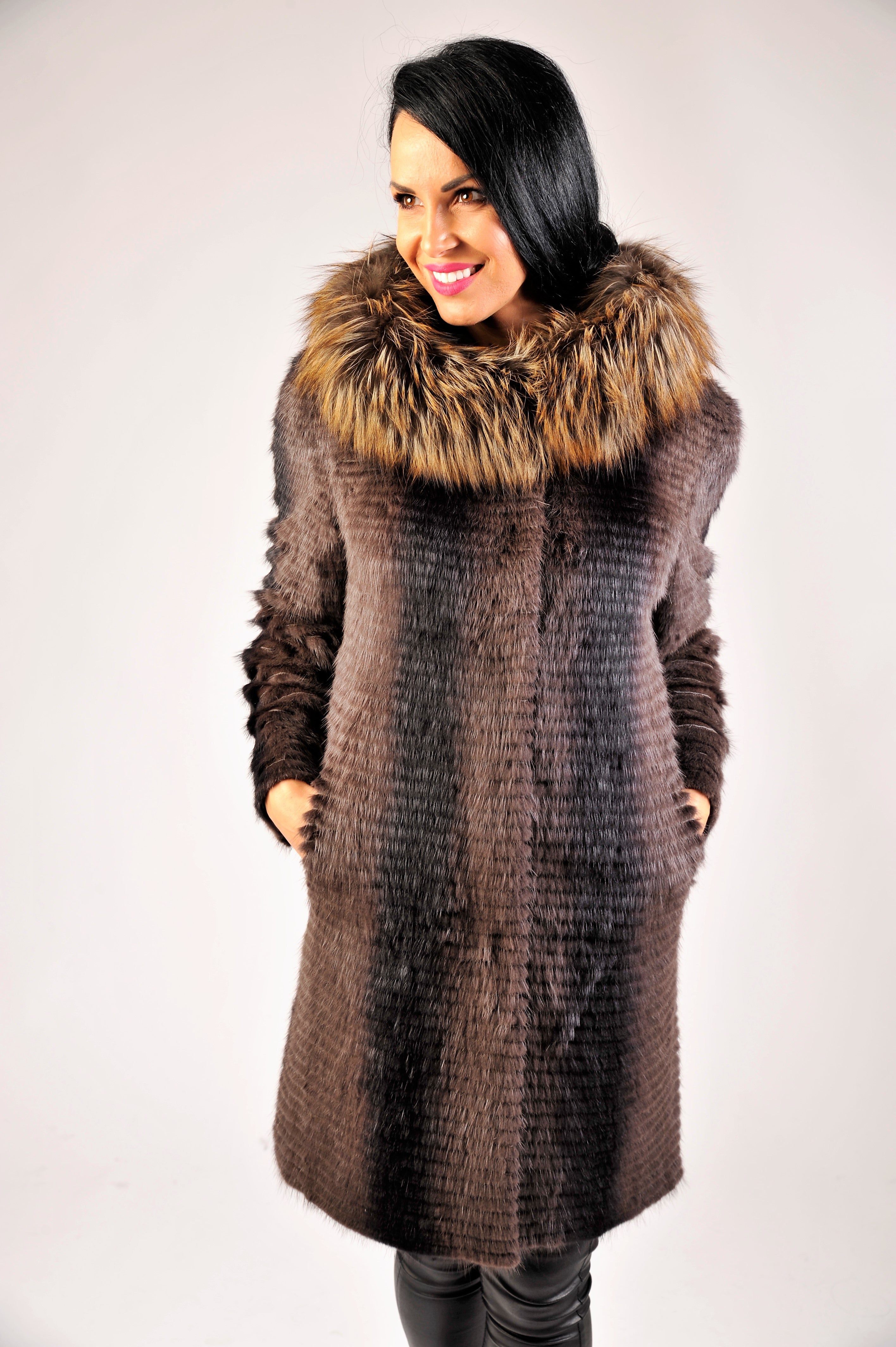 Hooded Fur Pullover Women Coat in Brown