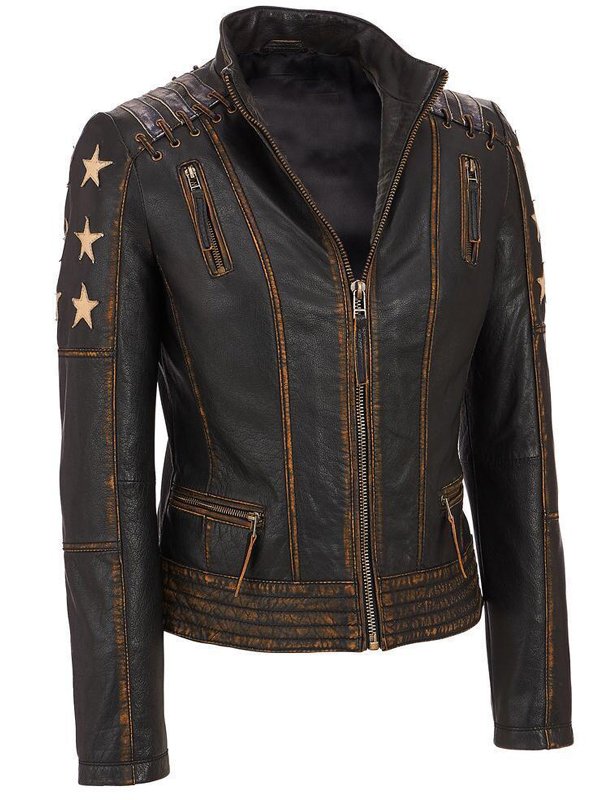 Women's Stars and Stripes Aged Brown Vintage Leather Jacket