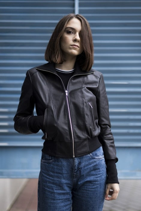 Womens Black Aviator Genuine Leather Jacket