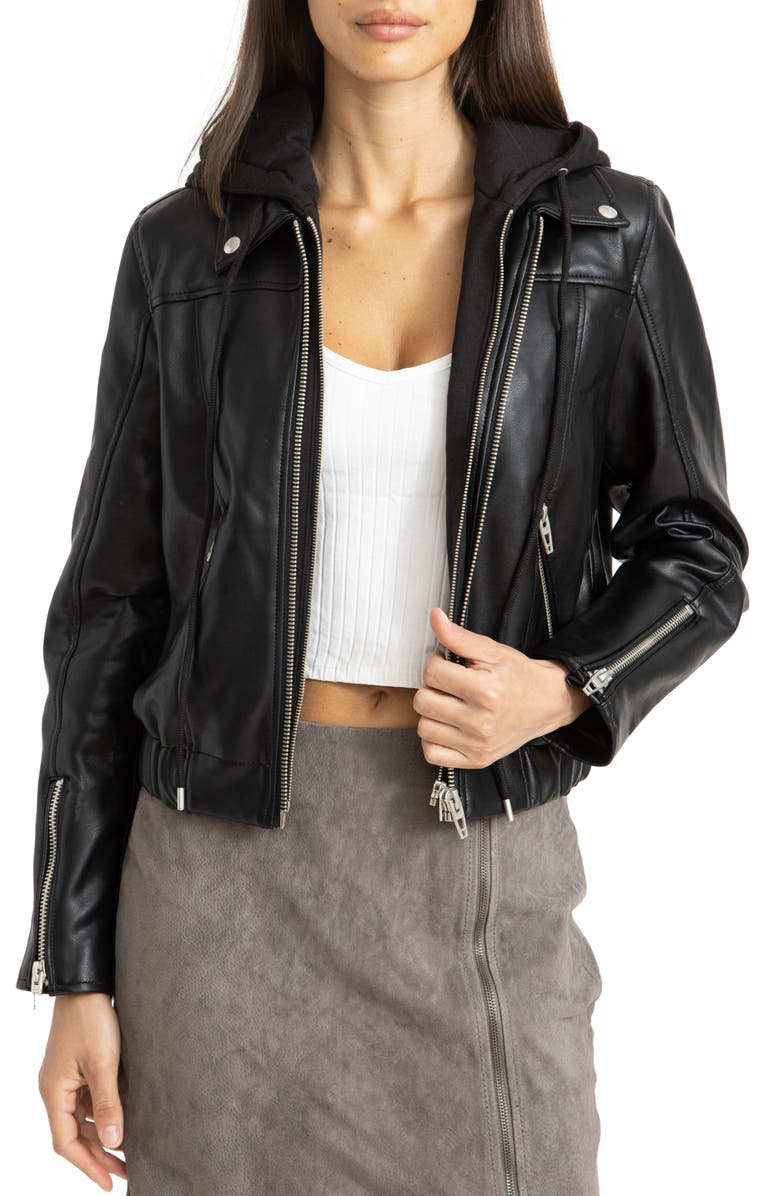 Womens biker hooded Leather jacket in Black