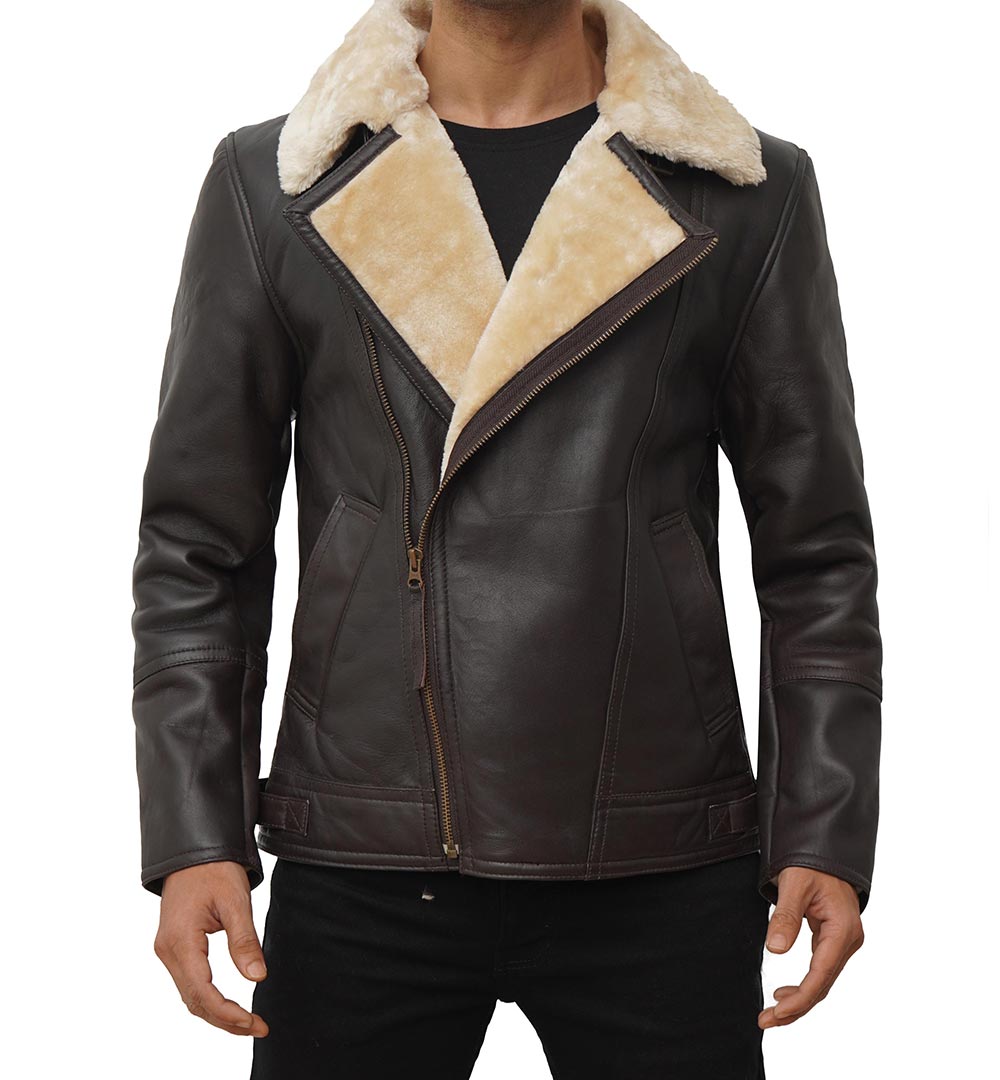 Brown Asymmetrical Shearling Men's Leather Coat