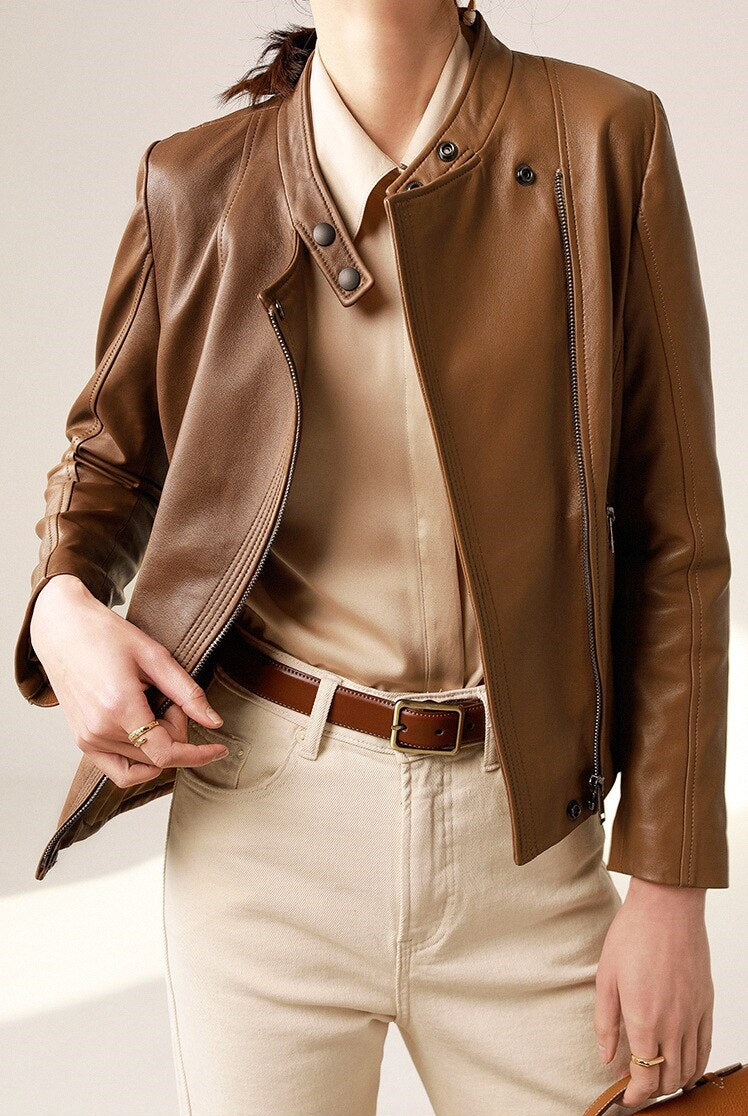 Casual Style Brown Leather Jacket for Women