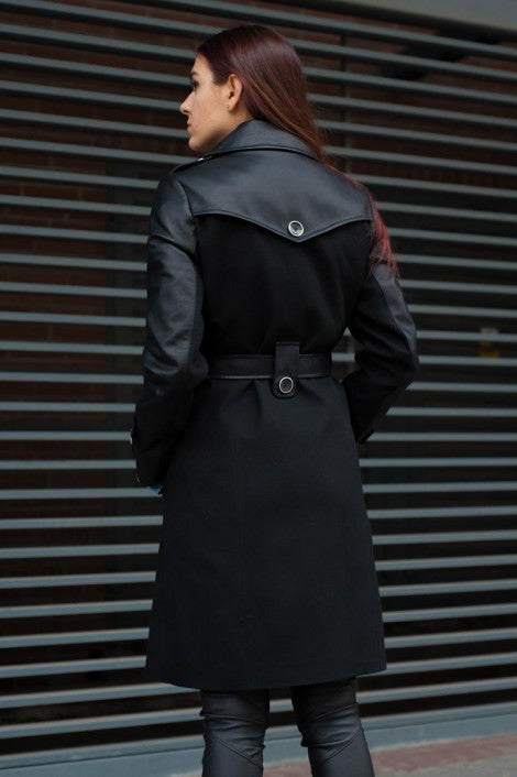 Women's Long Wool & Leather Coat