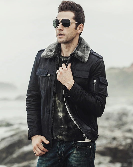 Mens Winter Black Snuff Shearling Leather Jacket