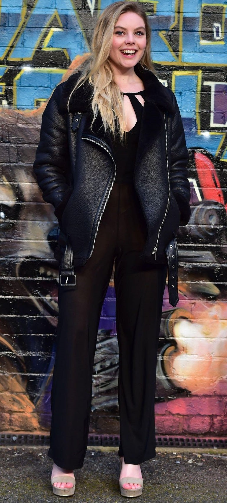 Nell Hudson at the Guardians of the Galaxy Shearling Leather Coat