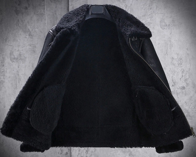 Mens Winter Style Black Snuff Fur Leather Jacket