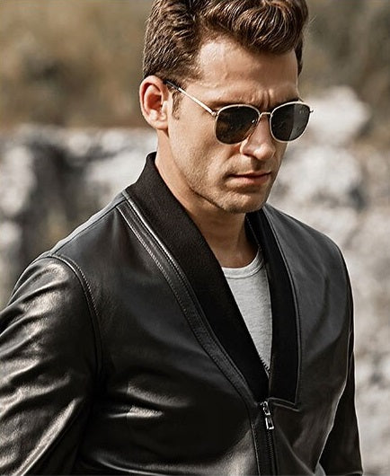 Mens Fashion Lambskin V-Neck collar Leather Jacket