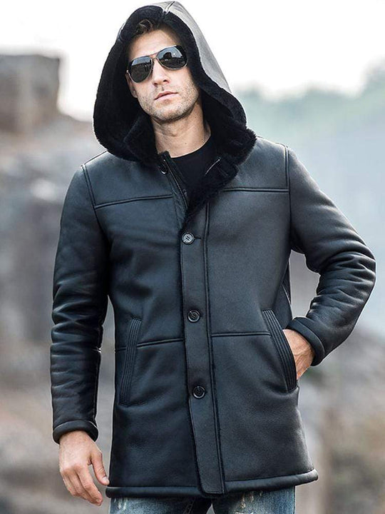 Men's Trench Shearling Hooded Leather Coat