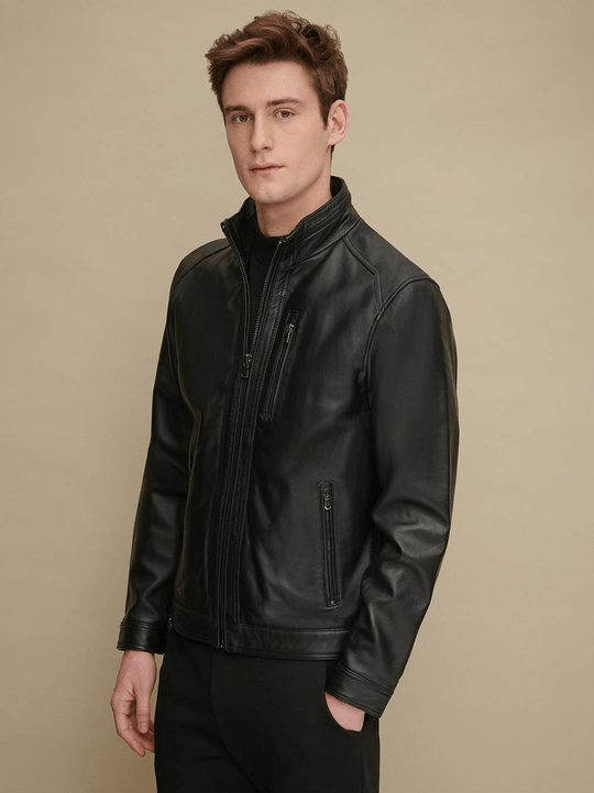 Men's Stand Collar Black Glossy Leather Jacket