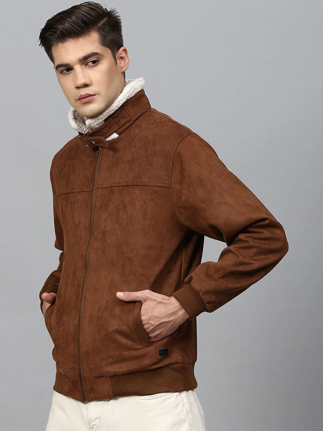 Real Brown Suede Windbreaker Padded Jacket for Men