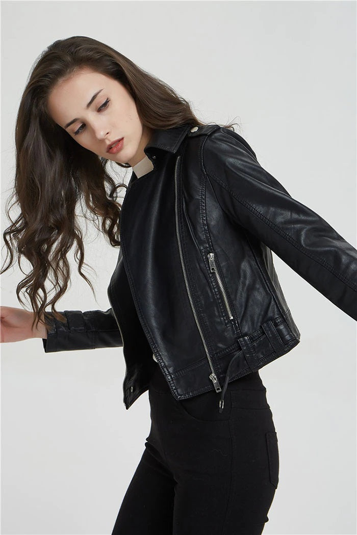 Women Short Slim Zipper Biker Leather Jacket