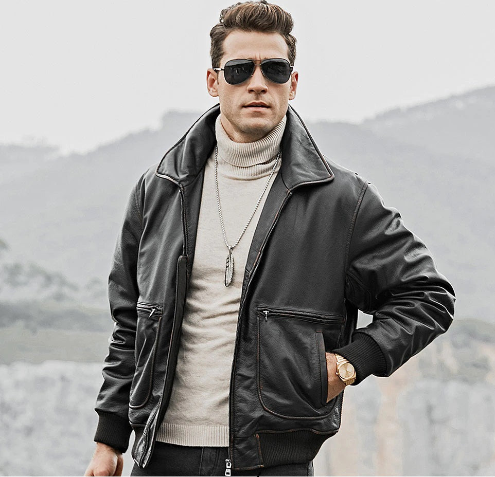 Men's Real Cow Leather Bomber Jacket Air Force Winter Style