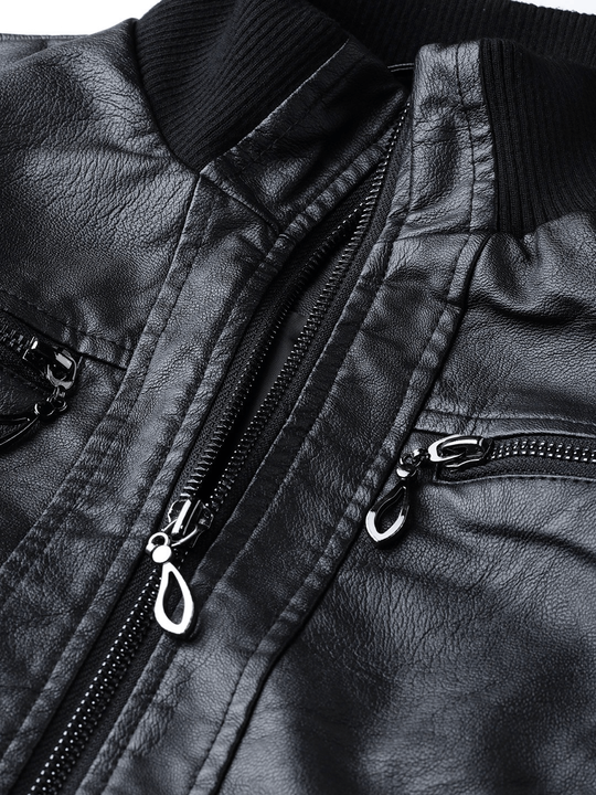 Black Solid Bomber Leather Jacket