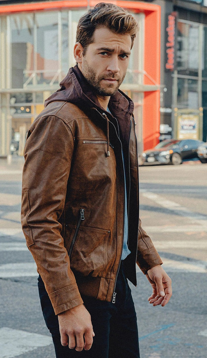 Men’s Leather Jacket With Removable Hood Genuine Leather Jackets