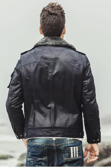 Mens Winter Black Snuff Shearling Leather Jacket