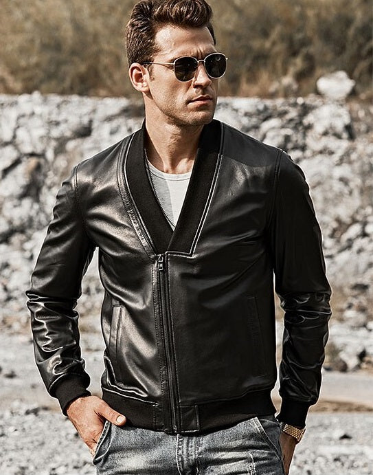 Mens Fashion Lambskin V-Neck collar Leather Jacket