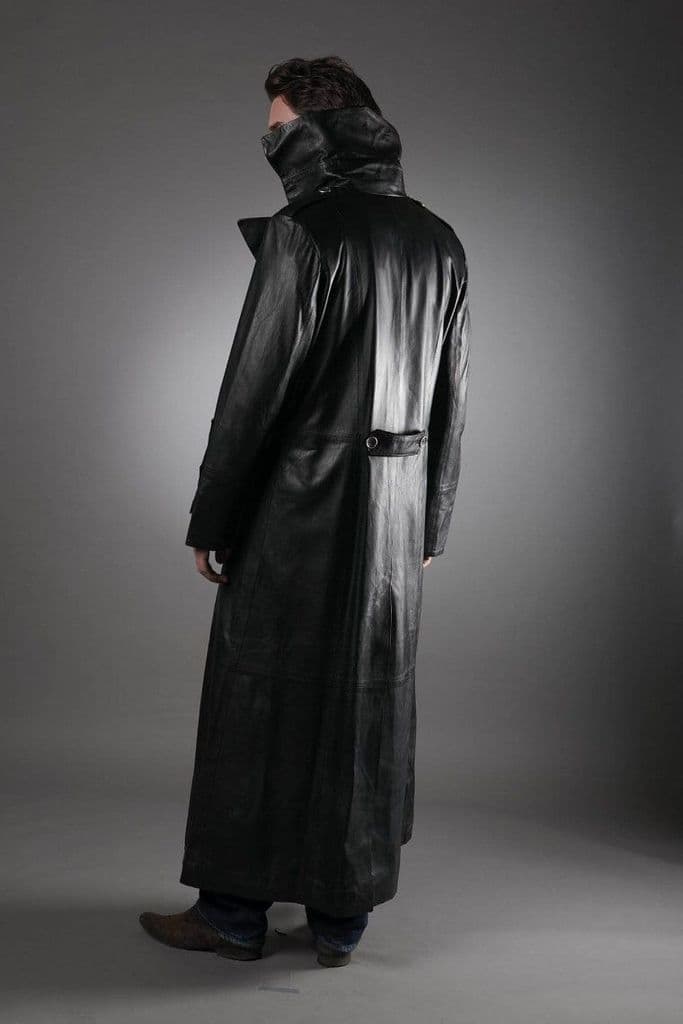 Men's Military Black Leather Trench Coat