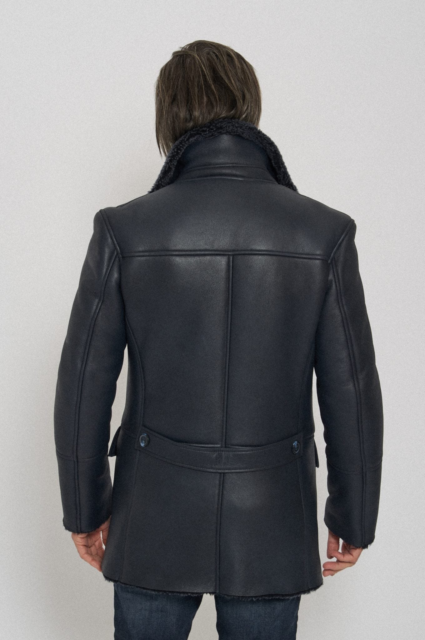 Men's Black Classic Pea Shearling Leather Coat