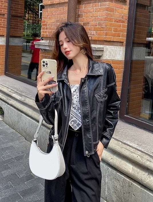 Black Outerwear Women's Fashion Leather Jacket