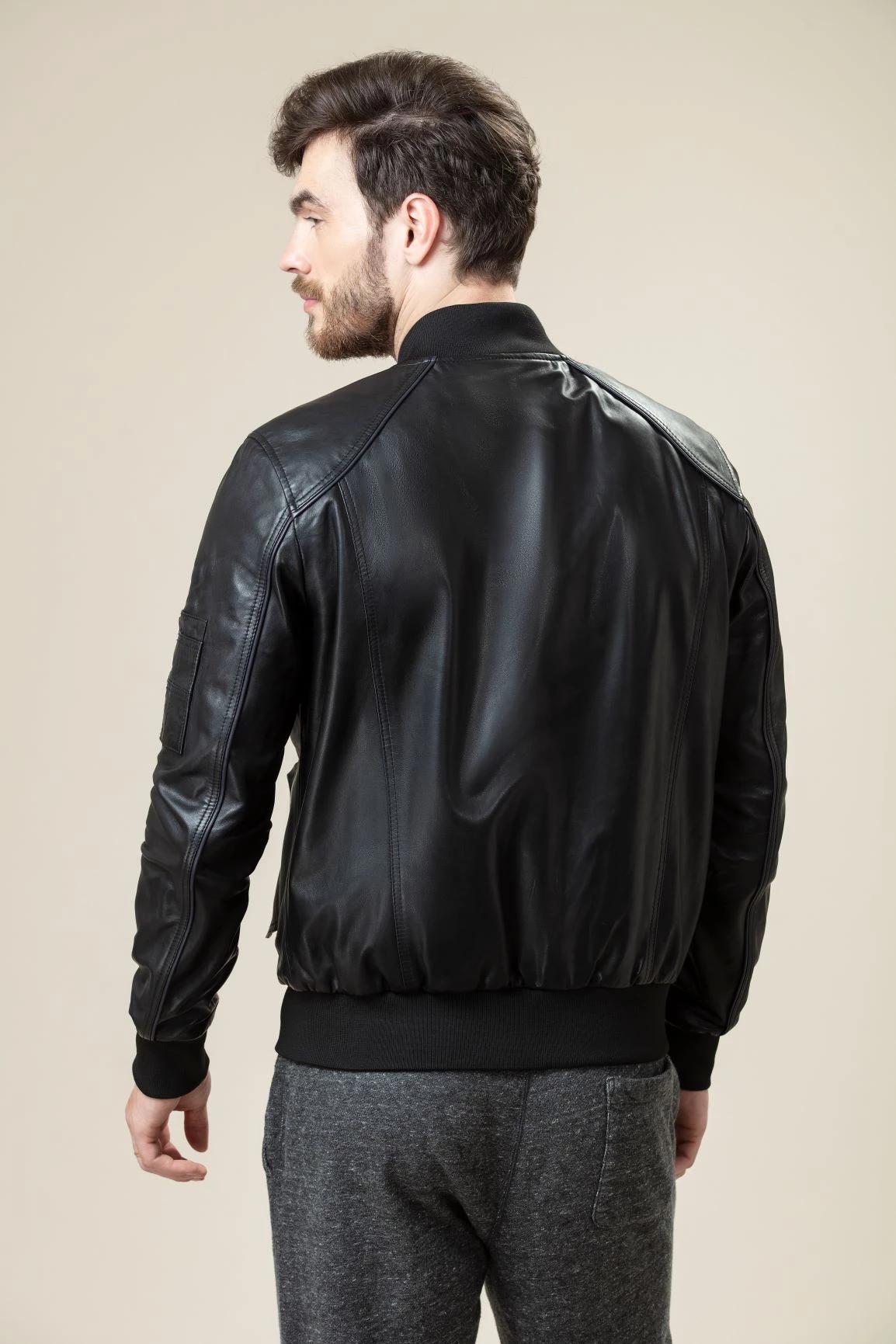 Rib Neck Bomber Leather Jacket
