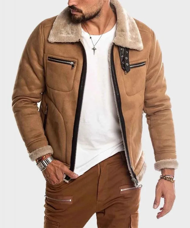 Faux Shearling Real Suede Leather Jacket For Men's